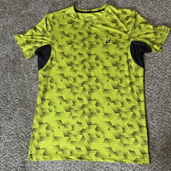 Asics Shirt Mens Large Neon Yellow Geometric Running Short Sleeve Mesh Athletic - Picture 1 of 8